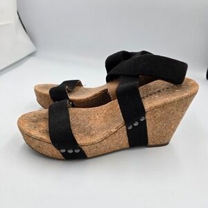 Lucky Brand Wedge Sandals Cork Platform Ankle Strap Casual‎ Black Size 8.5